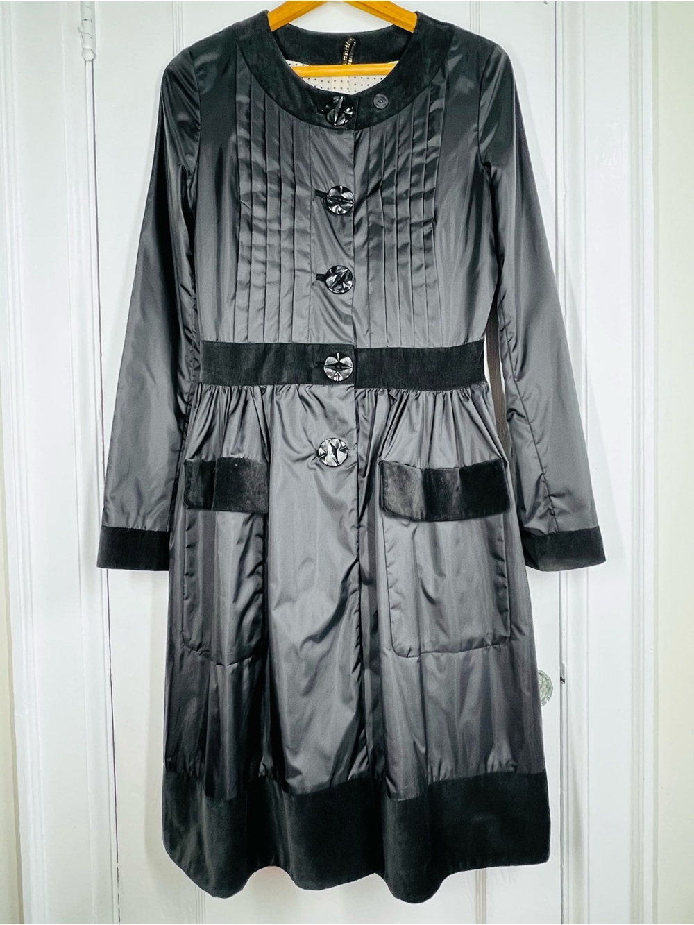 Vintage By Malene Birger Velvet Trim Black Long Sleeve Tailored Dress Coat
